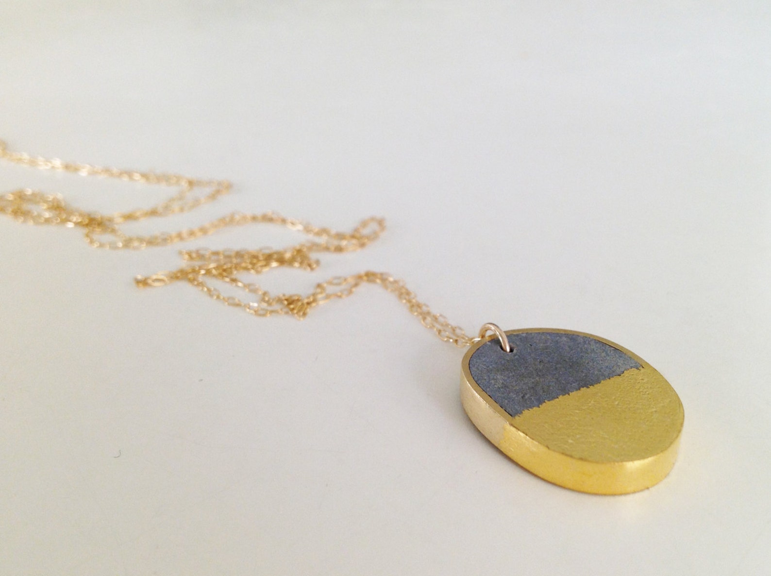 Oval Concrete Necklace With Gold Leaf Minimalist Pendant Etsy