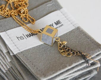 Concrete And Gold Cube Necklace Pendant With Chain Drop Decor By Hadas Shaham