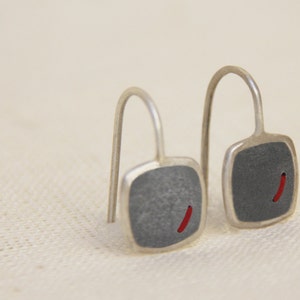Concrete Earrings, Sterling Silver Dangle Earrings, Square Earrings with Red Thread