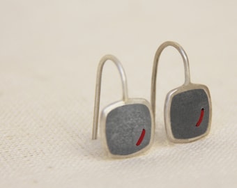 Concrete Earrings, Sterling Silver Dangle Earrings, Square Earrings with Red Thread