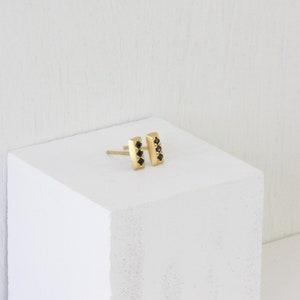 Solid Gold Tiny Rectangle Stud Earrings with Black Diamonds image 3
