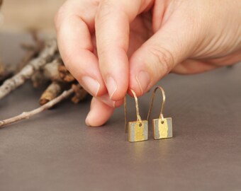 Gold Earrings,Square gold-leaf dangle earrings, Hand made Earrings,Modern Tiny Earrings, Minimalist dangle earrings, Delicate Small earrings