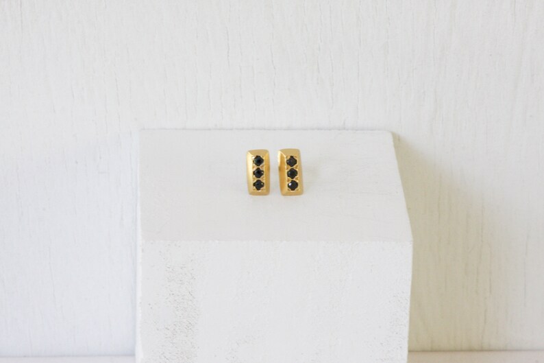 Solid Gold Tiny Rectangle Stud Earrings with Black Diamonds image 4