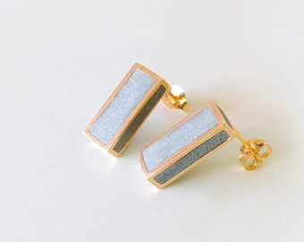 Geometric Rectangle Concrete and Gold Stud Earrings