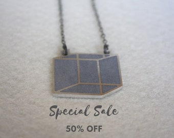 SALE 50% OFF -  Silver Cube Necklace, Geometric Silver Pendant, Concrete Necklace, 3d cube necklace, Industrial necklace, Gray & silver