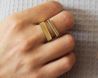 Rectangle Ring, Concrete And Gold Ring, Geometric Line Ring