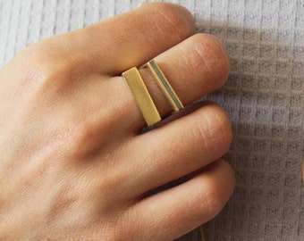 Rectangle Ring, Concrete And Gold Ring, Geometric Line Ring