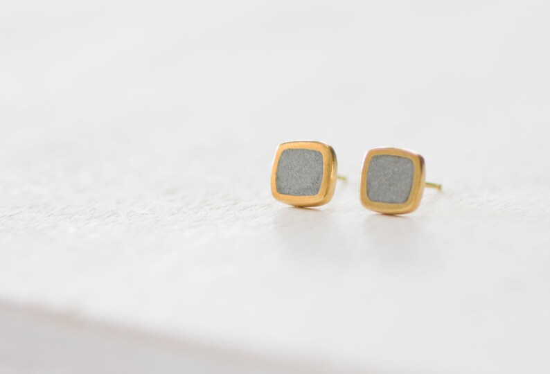 Square Gold And Concrete Stud Earrings image 2