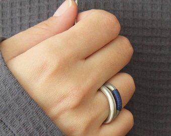 Silver and Concrete Blue Thread Band Ring