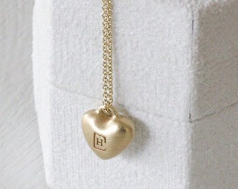 Custom 14K Gold Heart Necklace, 3D Gold Heart Pendant, Initial Heart Pendant, Small Puffy Heart Necklace, Initial Heart Necklace