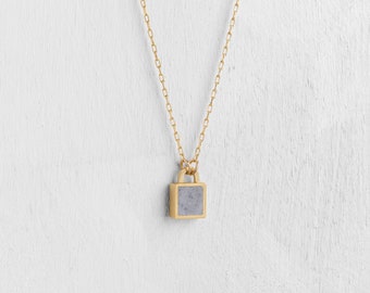 Concrete lock pendant, Concrete jewelry, Sq lock Necklace, Tiny Gold Necklace, Geometric Everyday necklace, Minimalist pendent, Gift for her