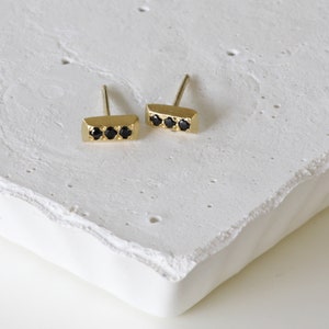 Solid Gold Tiny Rectangle Stud Earrings with Black Diamonds image 2