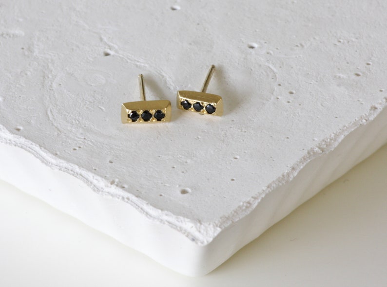 Solid Gold Tiny Rectangle Stud Earrings with Black Diamonds image 2