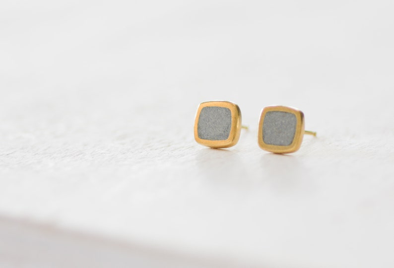 Square Gold And Concrete Stud Earrings image 1