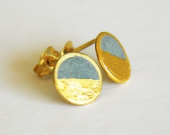 Gold Dipped Concrete Post Earrings, Round Flat Earrings Studs