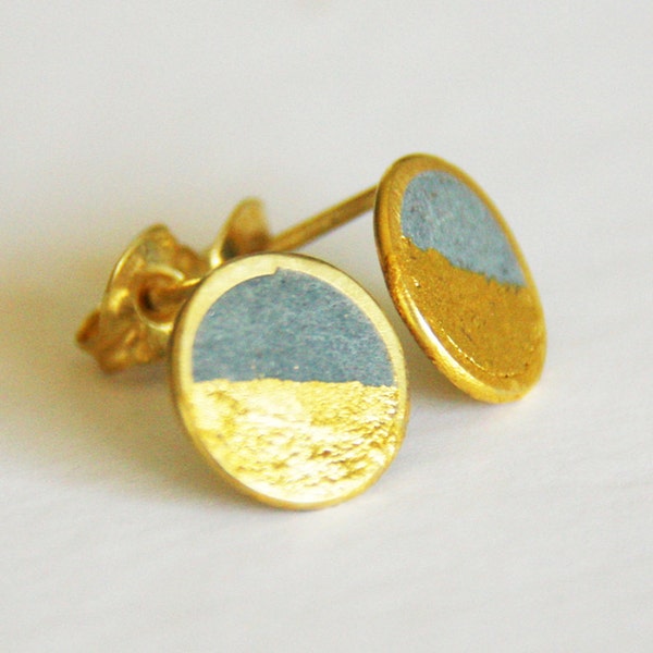 Gold Dipped Concrete Post Earrings, Round Flat Earrings Studs