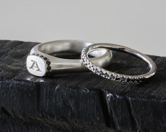 Silver and Black Diamonds Single Letter Ring