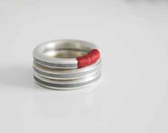 Silver and red ring, Silver and concrete band, Minimalist Ring, Contemporary ring, modern ring, stacking ring, unique ring, hadas shaham