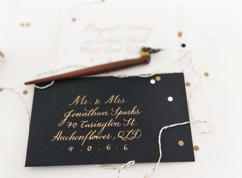 Custom calligraphy envelope addressing in GOLD INK Copperplate calligraphy or Kaitlin style image 1
