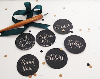 Black Gift Tags Round with SILVER Ink Calligraphy - Thank you, Gift Tags, Wedding Favors, Party Favors, Party Supplies