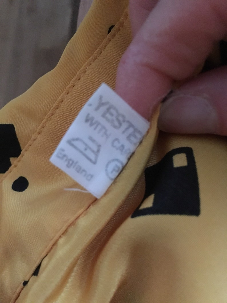 Vintage 80s Silky Polyester Secretary Blouse UK14 Mustard Yellow with Black Domino pattern