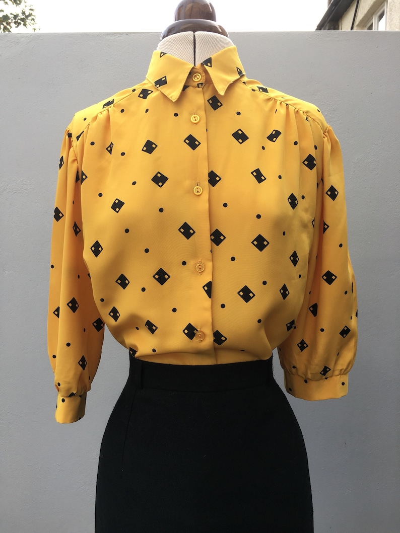 Vintage 80s Silky Polyester Secretary Blouse UK14 Mustard Yellow with Black Domino pattern