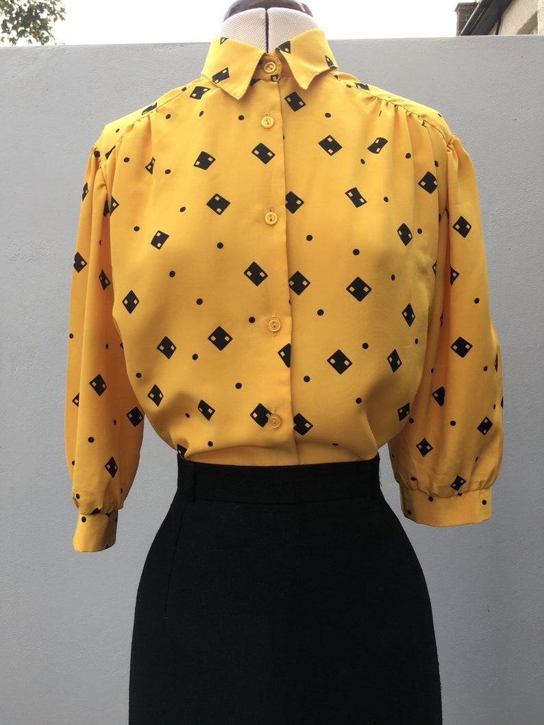 Vintage 80s Silky Polyester Secretary Blouse UK14 Mustard Yellow with Black Domino pattern