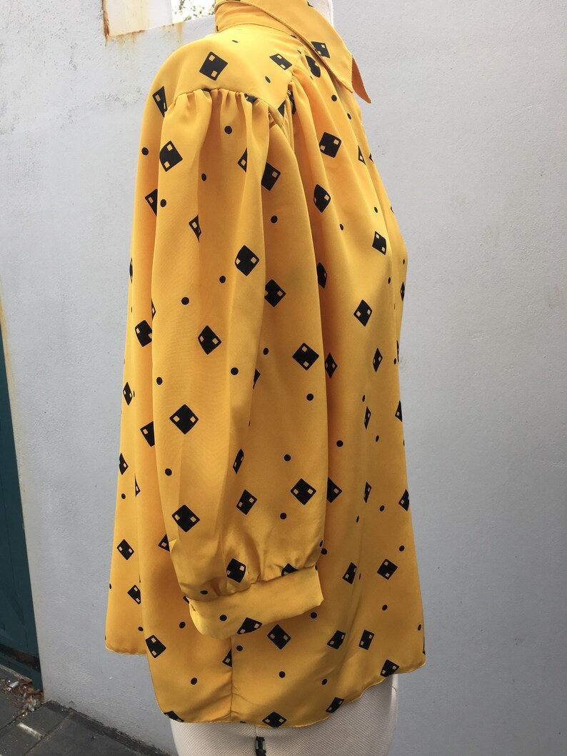 Vintage 80s Silky Polyester Secretary Blouse UK14 Mustard Yellow with Black Domino pattern