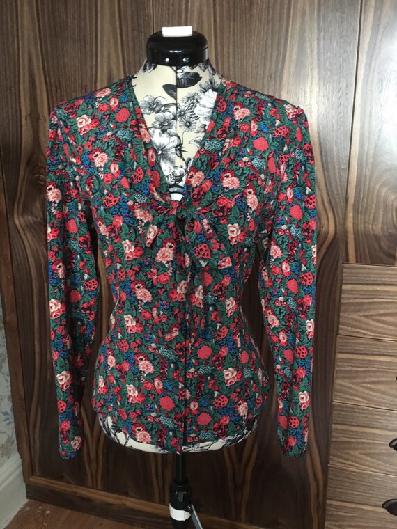 Vintage 80s St Michael Floral Shawl Blouse / Pussy