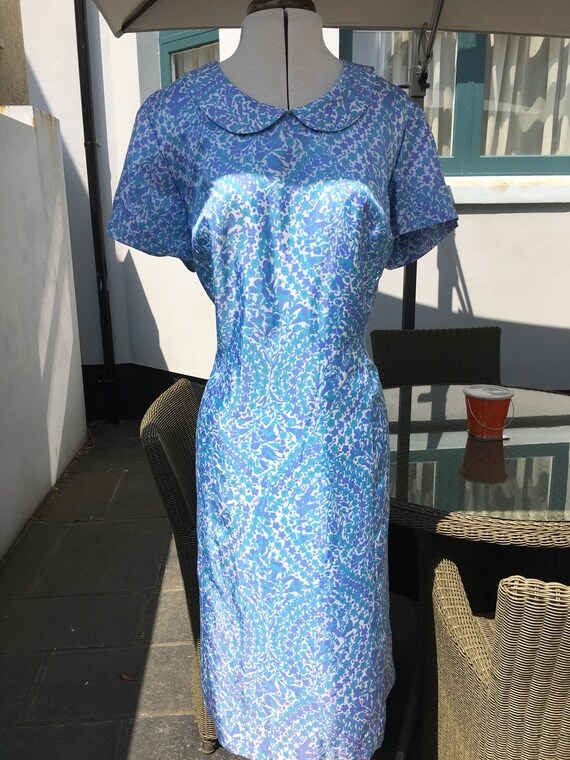 Vintage 60s Tricel Shift Dress - Ditsy Print - Blu