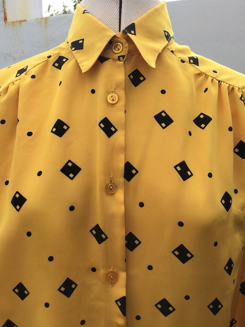 Vintage 80s Silky Polyester Secretary Blouse UK14 Mustard Yellow with Black Domino pattern