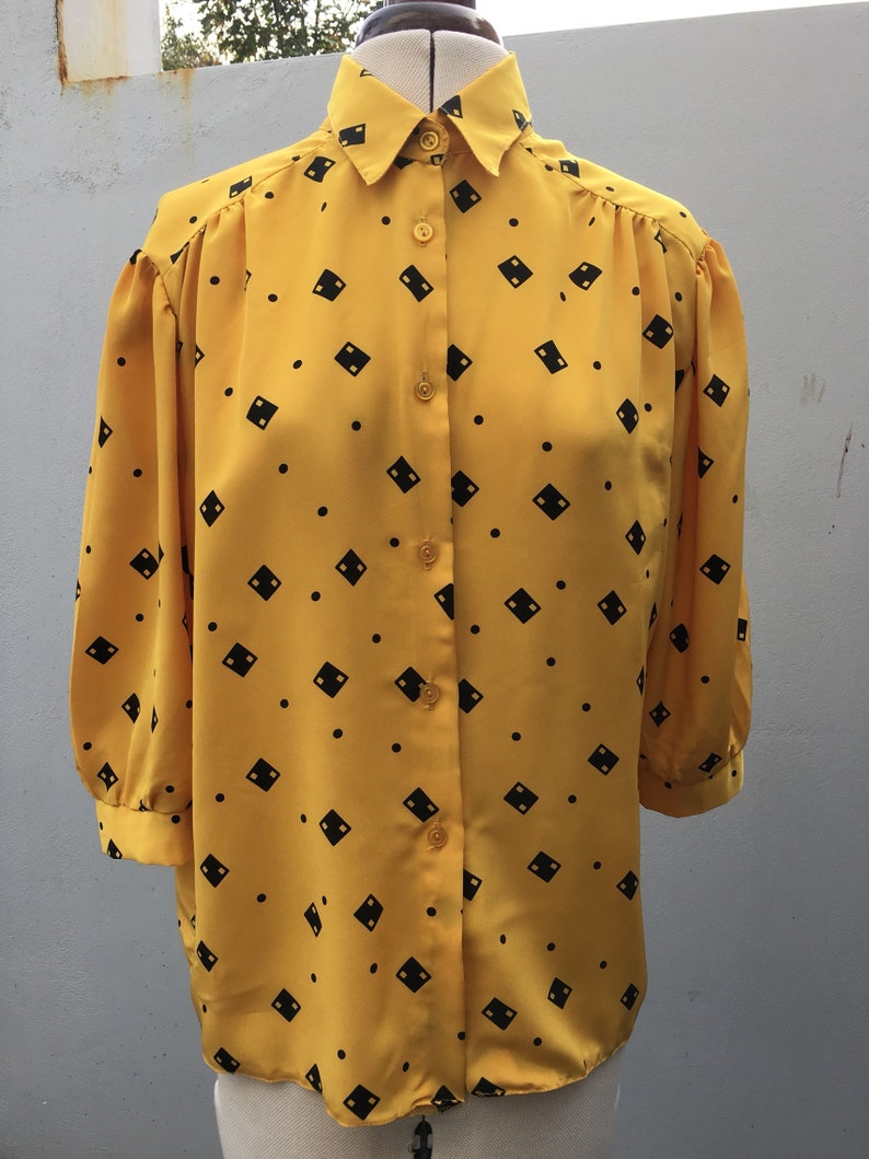 Vintage 80s Silky Polyester Secretary Blouse UK14 Mustard Yellow with Black Domino pattern