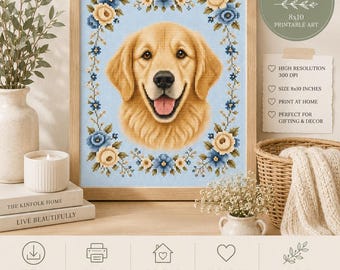 Golden Retriever Cross Stitch Styled Art | Blue Floral Dog Printable (Digital Download)