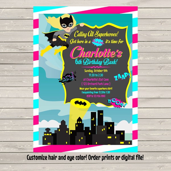 Bat Girl Invitation Custom hair and eye color! Digital or order prints, great for kids or older kids,printable, sale, fast service