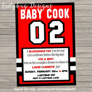 Red & Black Jersey Baby Invitation for any team, perfect for couple sports loving shower, can be ANY event, bridal shower or baby shower!