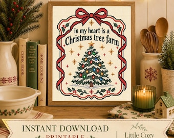 Vintage Cross Stitch Christmas Tree Farm Print | Holiday Wall Art (Digital Download)