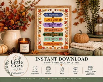 Gilmore Girls Inspired Fall Wall Art | Stars Hollow Cross Stitch Styled Print | Luke’s Diner Dragonfly Inn | Autumn Digital Download