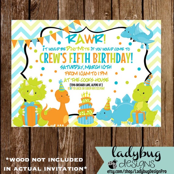 Dinosaur Birthday Invite that is printable or order prints, perfect for young boys, colorful and cartoon with friendly dinosaurs!