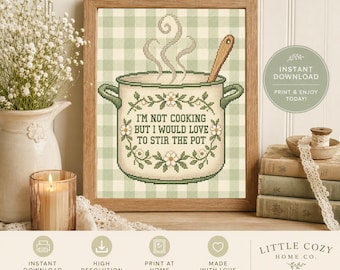 Funny Kitchen Wall Art | Stir the Pot Cross-Stitch Styled Print (Digital Download)
