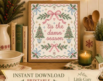 Tis the damn season | Pastel Christmas Cross Stitch Print | Vintage Holiday Wall Art (8x10)
