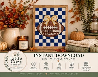 Touchdown Season Cross-Stitch Football Print | Blue Maize Yellow Bow (Digital Download)
