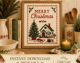 Vintage Cross Stitch Style Holiday Print