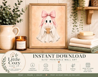 Vintage Pink Ghost Iced Coffee Art | Watercolor Halloween Printable (Digital Download)