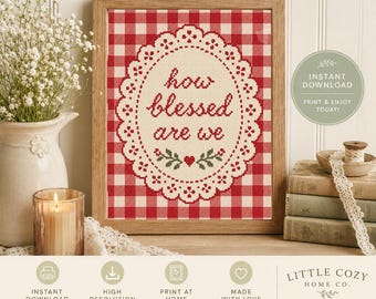 How Blessed Are We Printable Wall Art | Vintage Cross Stitch Style Print | Red Gingham Farmhouse Decor | Cottagecore Home Art | 8x10