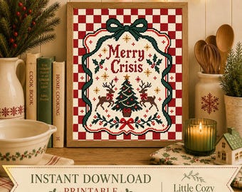 Merry Crisis Christmas Printable | Funny Christmas Wall Art | Vintage Cross Stitch Styled Christmas Decor | Retro Holiday Printable |
