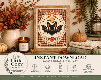 Vintage Halloween Bat Cross Stitch Styled Print, Retro Halloween Wall Art, Gothic Bat Art, Halloween Printable, Cottagecore Halloween Decor