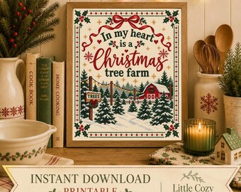 Vintage Cross Stitch Christmas Tree Farm Print | Holiday Barn Decor (Digital Download)