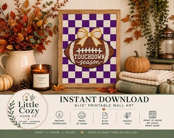 Touchdown Season Cross-Stitch Football Print | Purple Gold Yellow Bow (Digital Download)