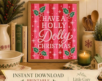 Pink Christmas Cross-Stitch Art Print | Holly Dolly Holiday Decor (Digital Download)
