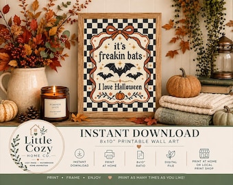 Vintage Gothic Cross-Stitch Halloween Print, Black & White Checkered Bats (Digital Download)
